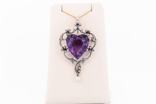 Fabulous Victorian Heart Shaped Amethyst & Diamond Brooch