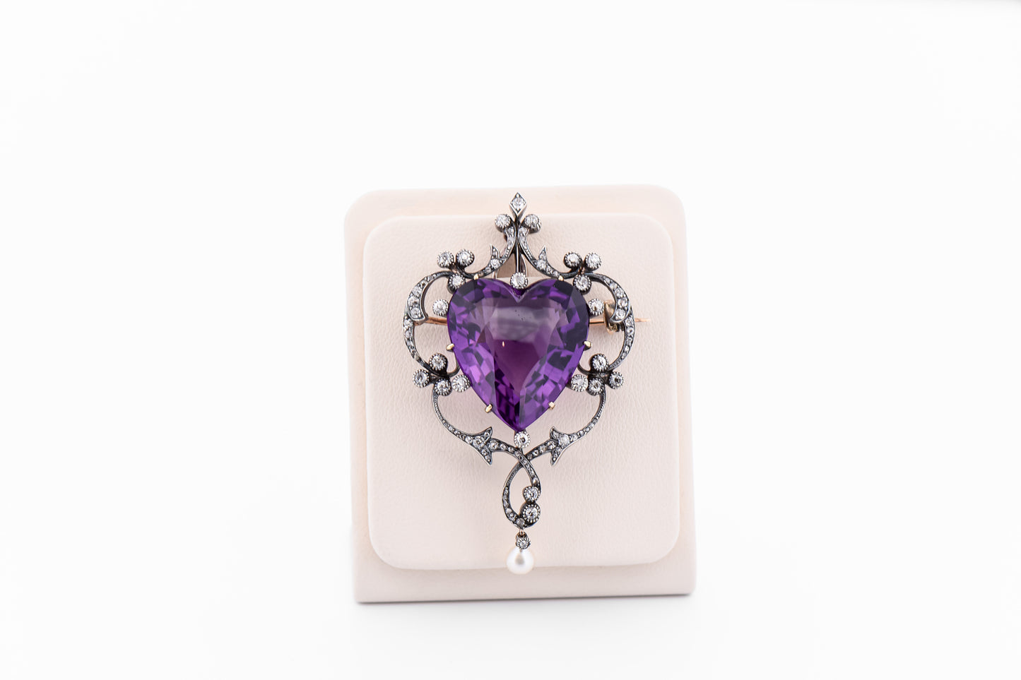 Fabulous Victorian Heart Shaped Amethyst & Diamond Brooch