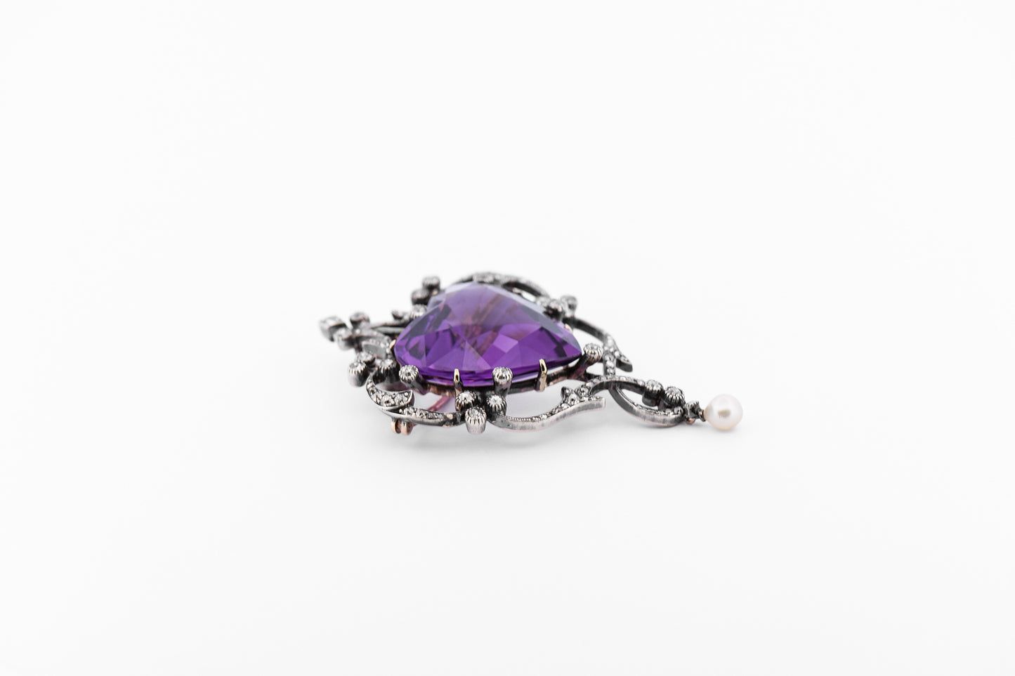 Fabulous Victorian Heart Shaped Amethyst & Diamond Brooch
