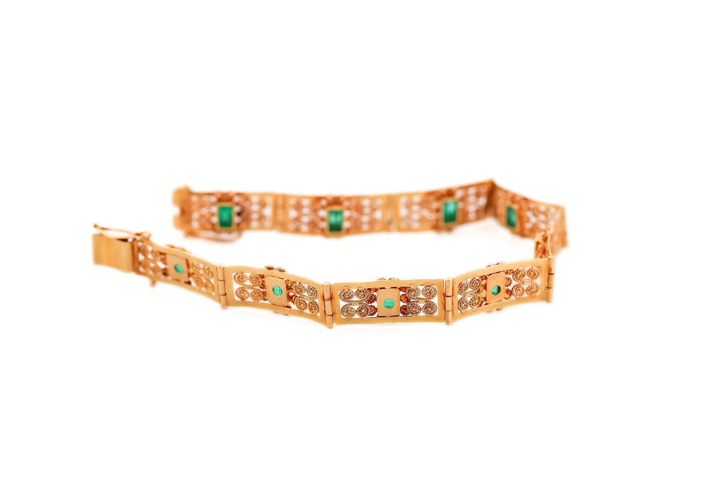 Fabulous Vintage 18k Gold Filigree Bracelet with Colombian Emeralds