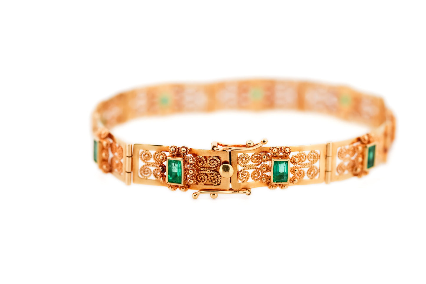 Fabulous Vintage 18k Gold Filigree Bracelet with Colombian Emeralds