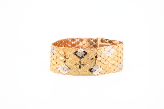 Fabulous Vintage Wide 18k Two Tone Textured Gold Bracelet - Italian