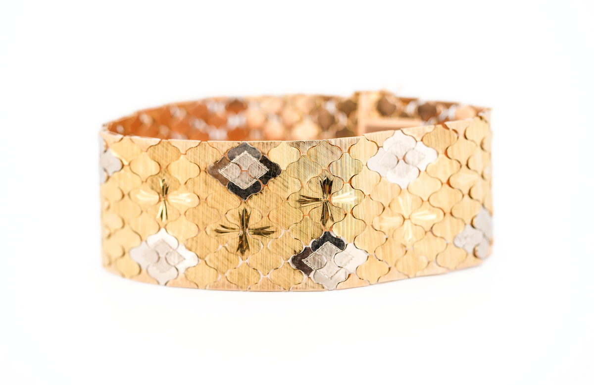 Fabulous Vintage Wide 18k Two Tone Textured Gold Bracelet - Italian