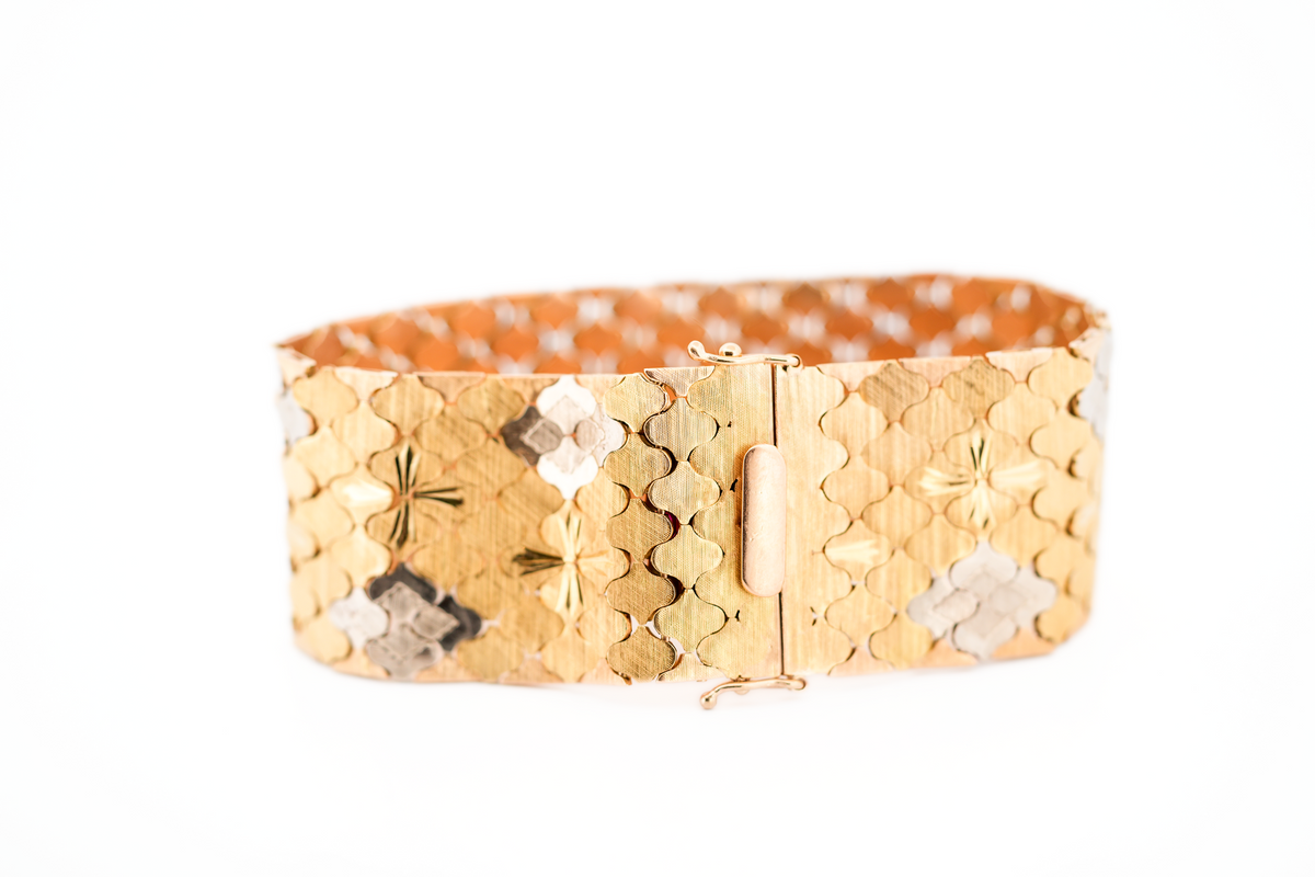 Fabulous Vintage Wide 18k Two Tone Textured Gold Bracelet - Italian