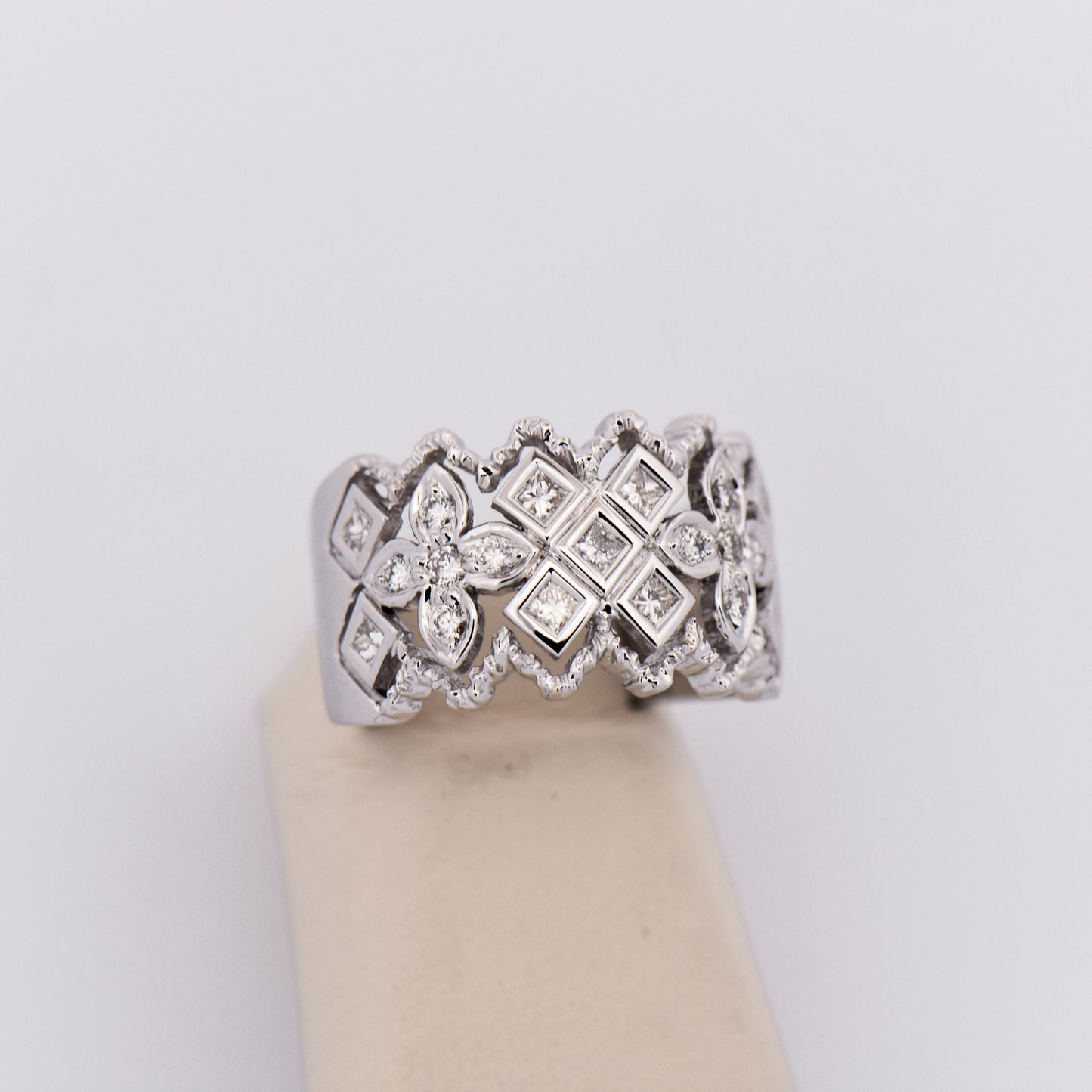 Fancy Wide Diamond Cigar Band in White Gold