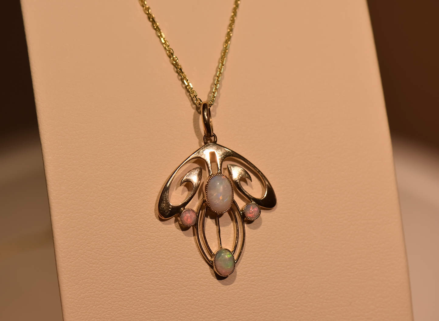 Flowing Art Nouveau Opal Pendant in 9k Rosy Yellow Gold