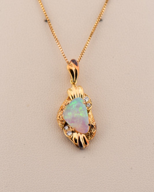 Freeform Australian Black Crystal Opal Pendant in Yellow Gold