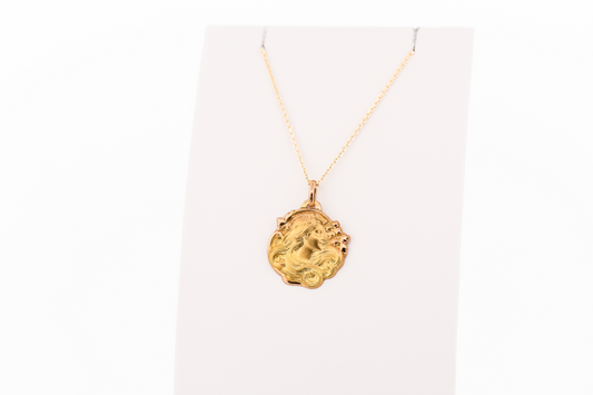 French Art Nouveau 18k Gold Gibson Girl Pendant - Lady with Flowing Hair