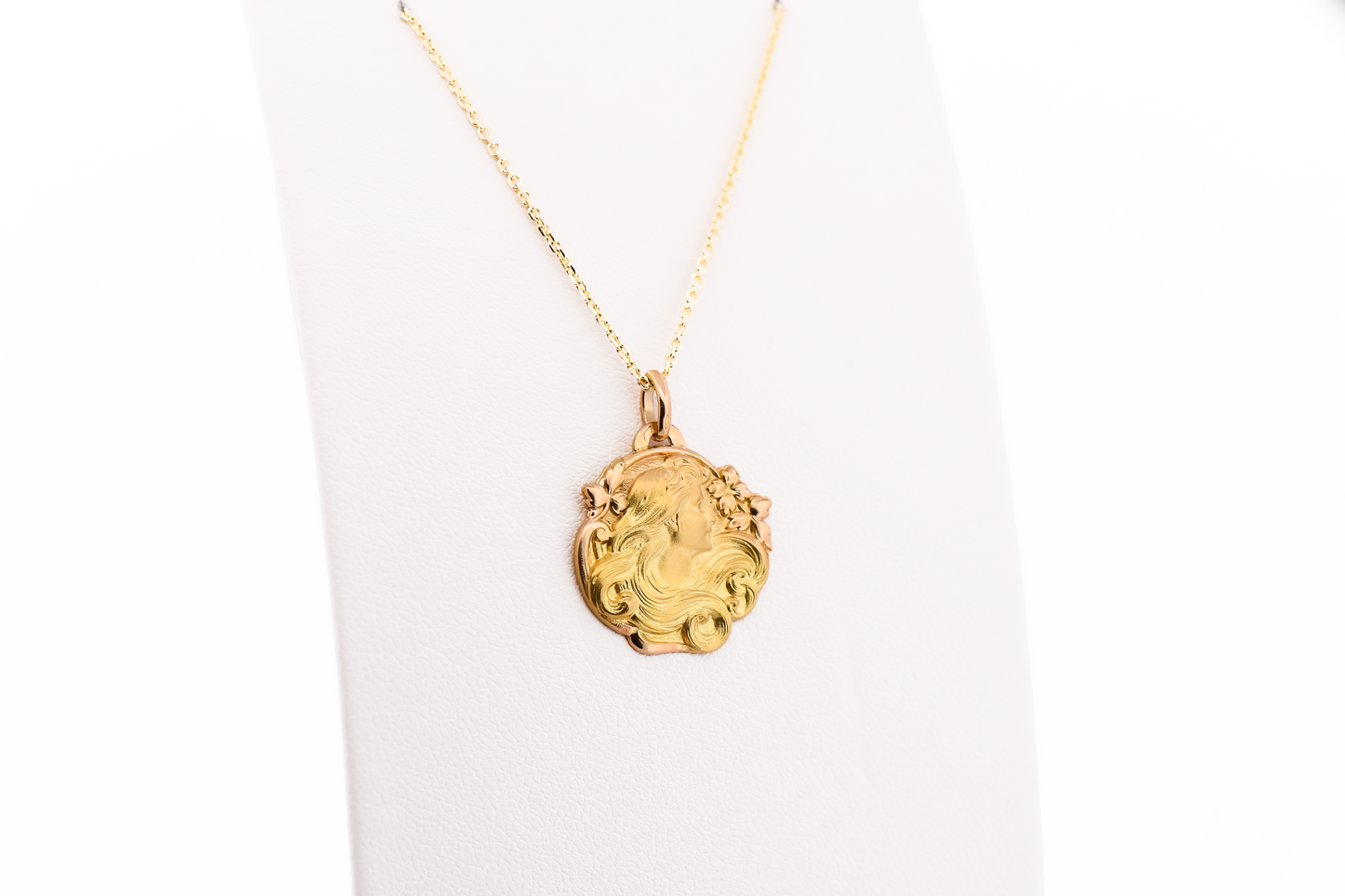 French Art Nouveau 18k Gold Gibson Girl Pendant - Lady with Flowing Hair