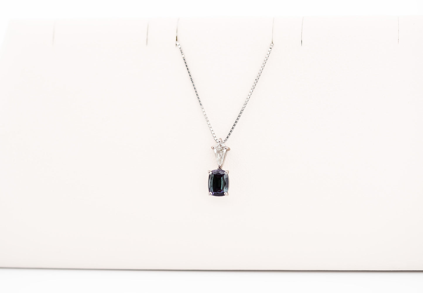 Gemmy Cushion Cut Brazilian Alexandrite & Kite Shaped Diamond Necklace in Platinum