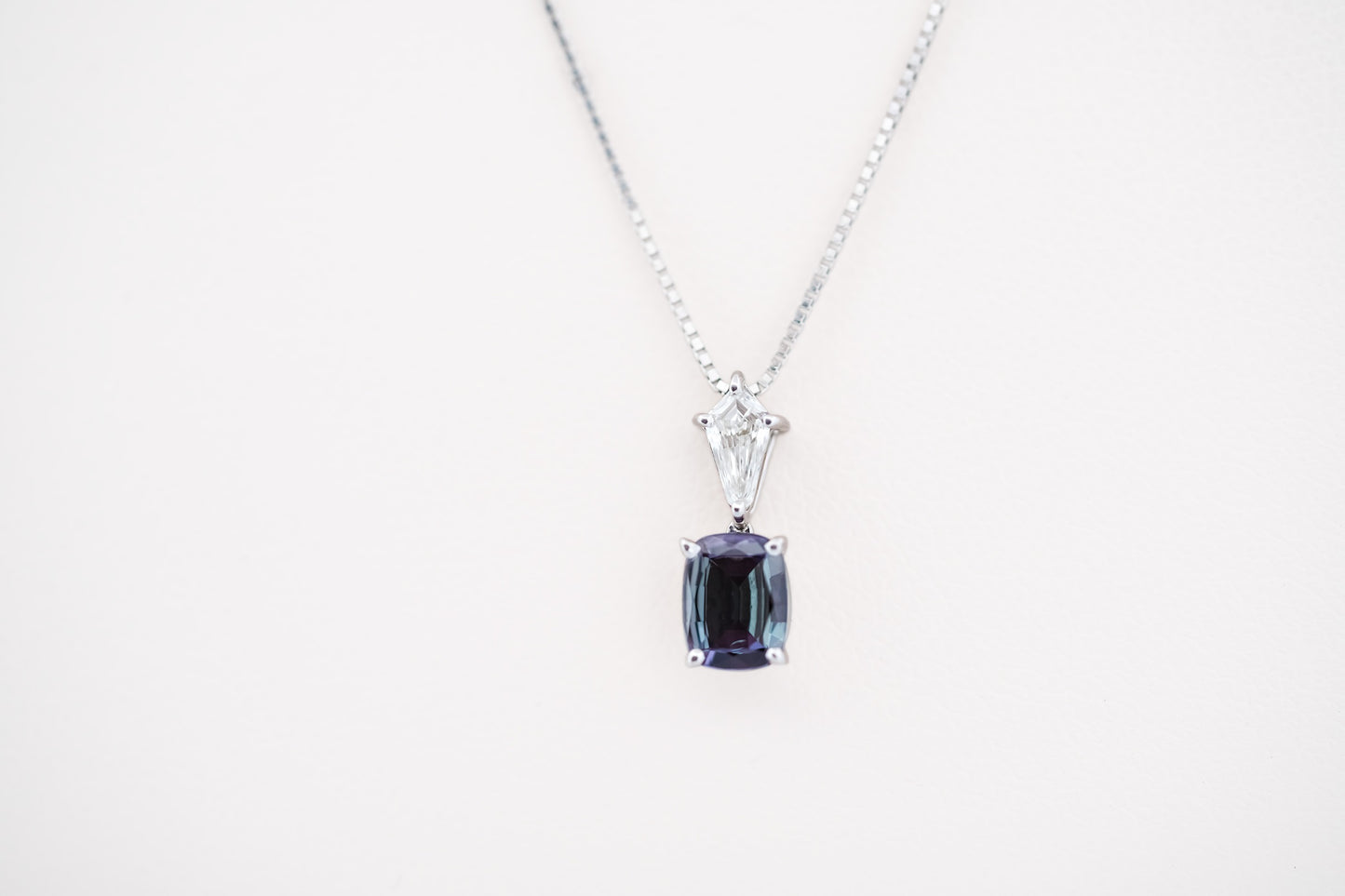 Gemmy Cushion Cut Brazilian Alexandrite & Kite Shaped Diamond Necklace in Platinum