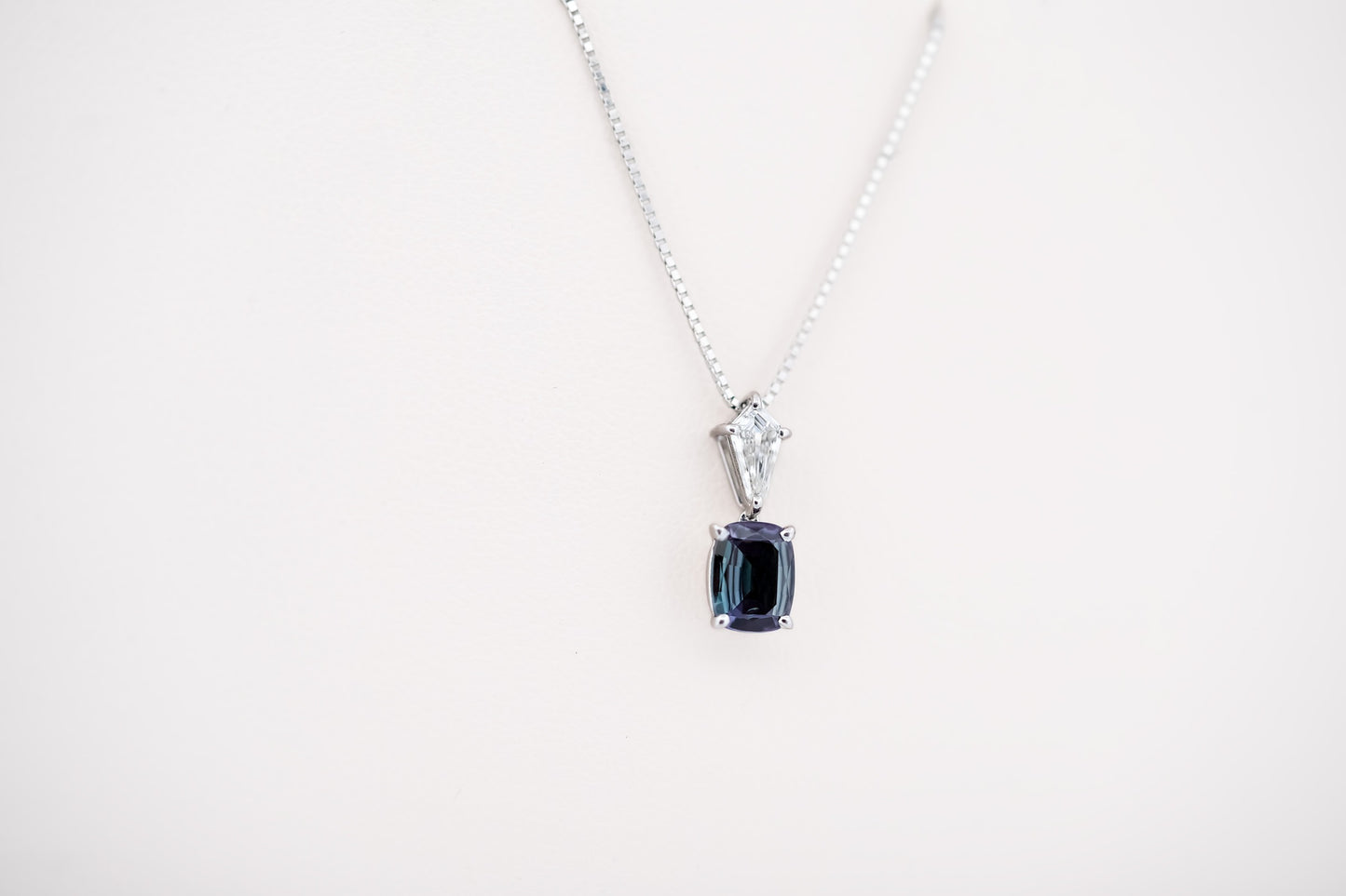 Gemmy Cushion Cut Brazilian Alexandrite & Kite Shaped Diamond Necklace in Platinum