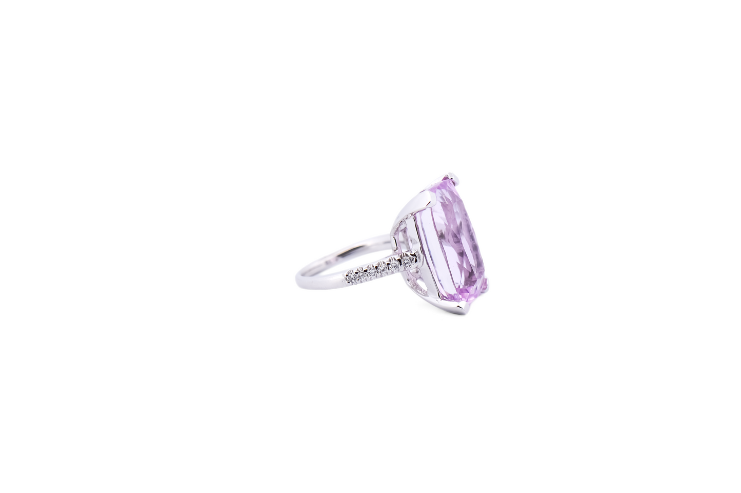 Gemmy Elongated Cushion Kunzite Cocktail Ring with Diamonds in White Gold