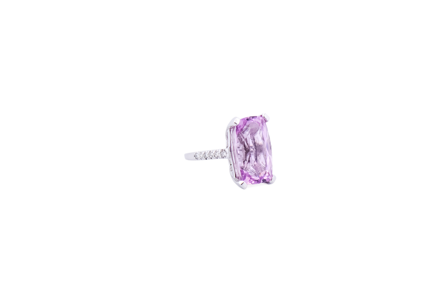 Gemmy Elongated Cushion Kunzite Cocktail Ring with Diamonds in White Gold