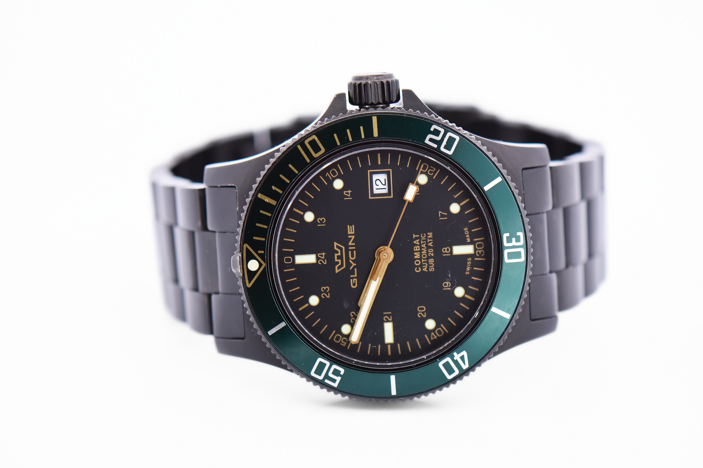 Glycine Combat Automatic Wrist Watch - Black Steel with Rare Green Bezel