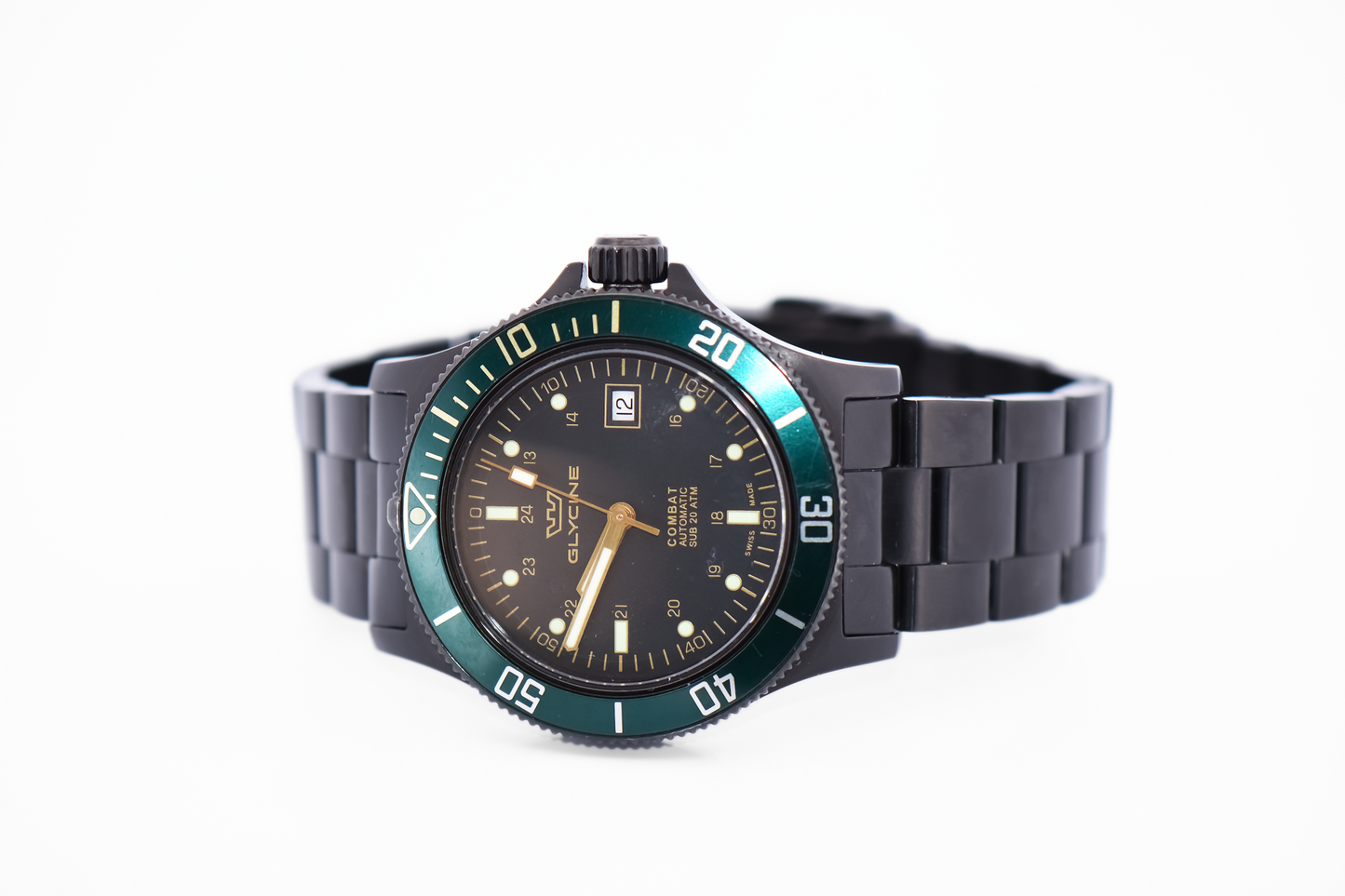 Glycine Combat Automatic Wrist Watch - Black Steel with Rare Green Bezel