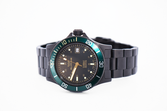 Glycine Combat Automatic Wrist Watch - Black Steel with Rare Green Bezel