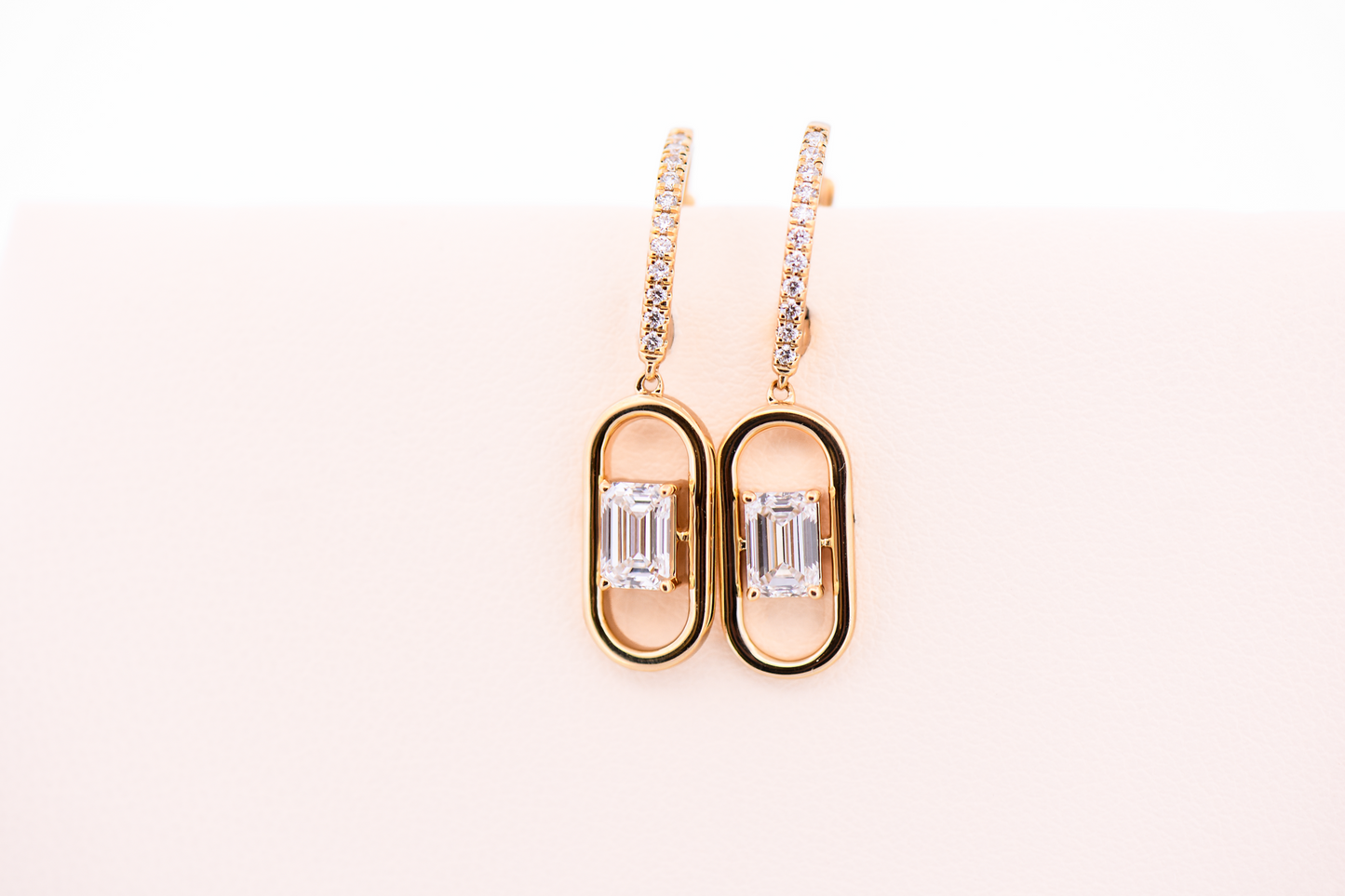Gold Paperclip Style Dangle Earrings with 1ctw Emerald Cut Lab-grown Diamonds