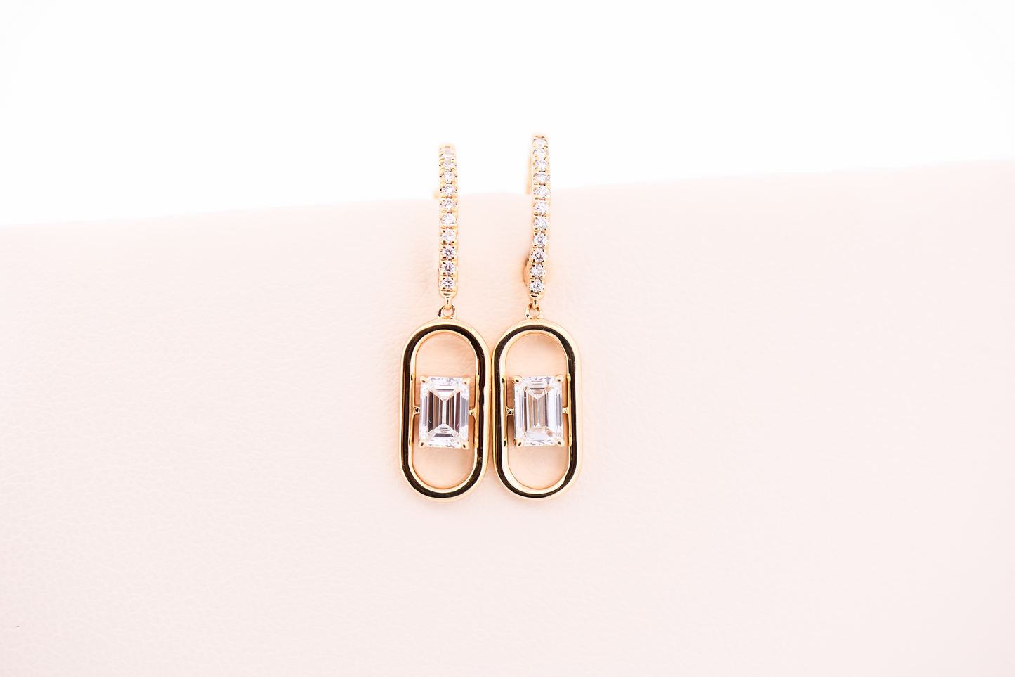 Gold Paperclip Style Dangle Earrings with 1ctw Emerald Cut Lab-grown Diamonds