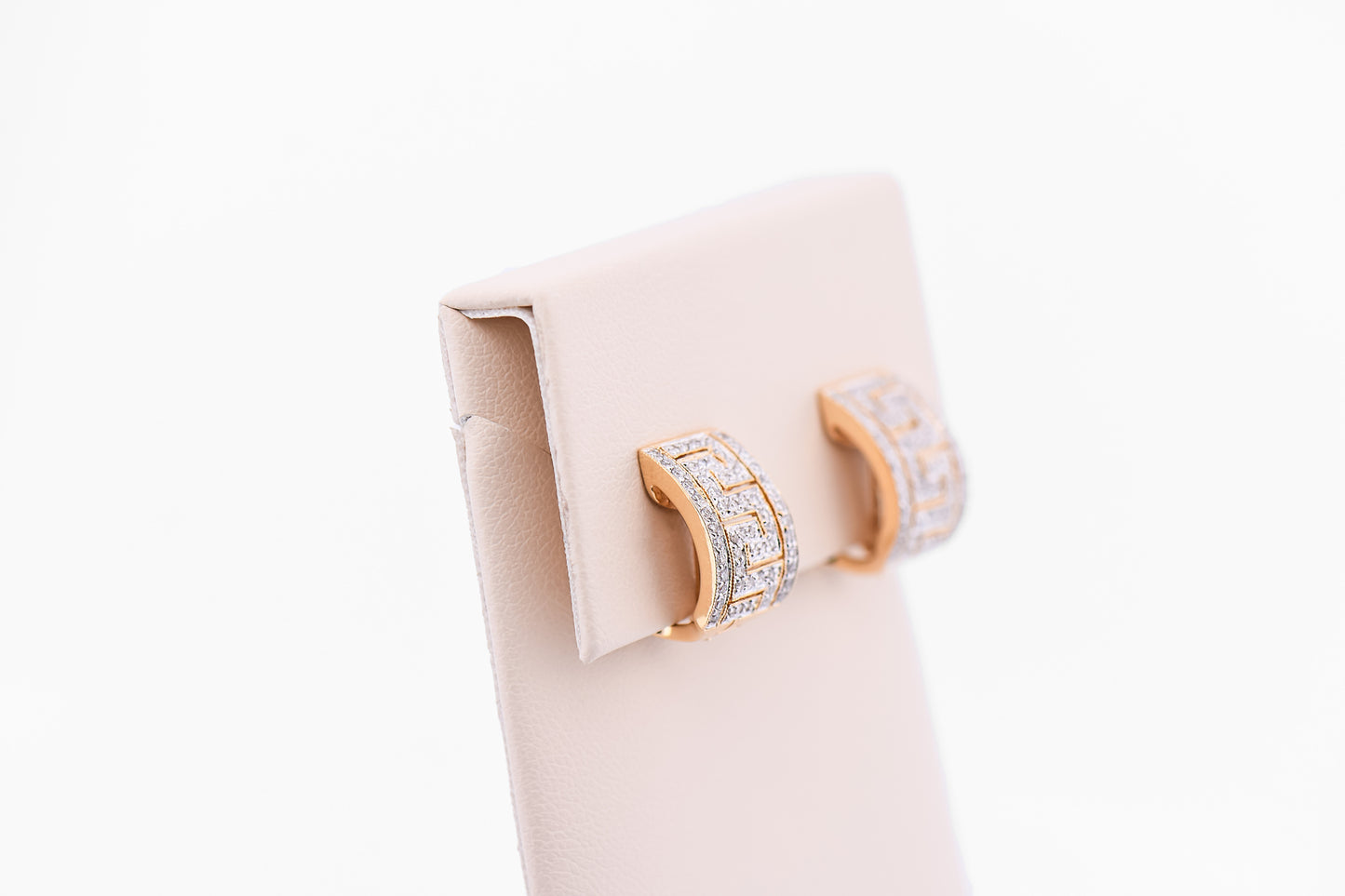 Greek Key Design Diamond Clip Earrings in 14k Yellow Gold