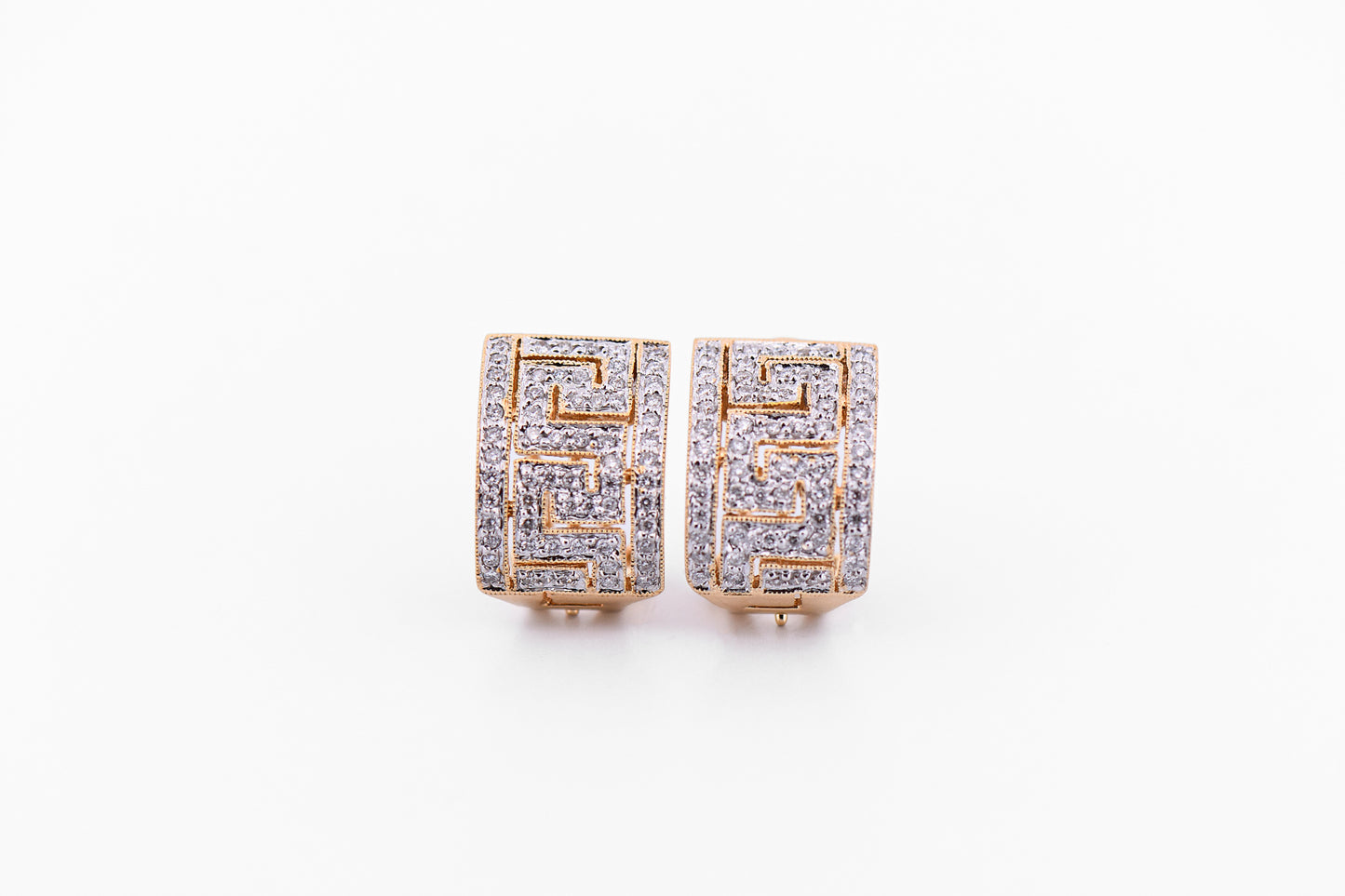Greek Key Design Diamond Clip Earrings in 14k Yellow Gold