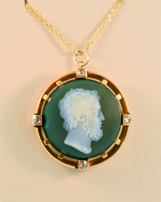 Victorian Green Hardstone Cameo with Diamond Accents
