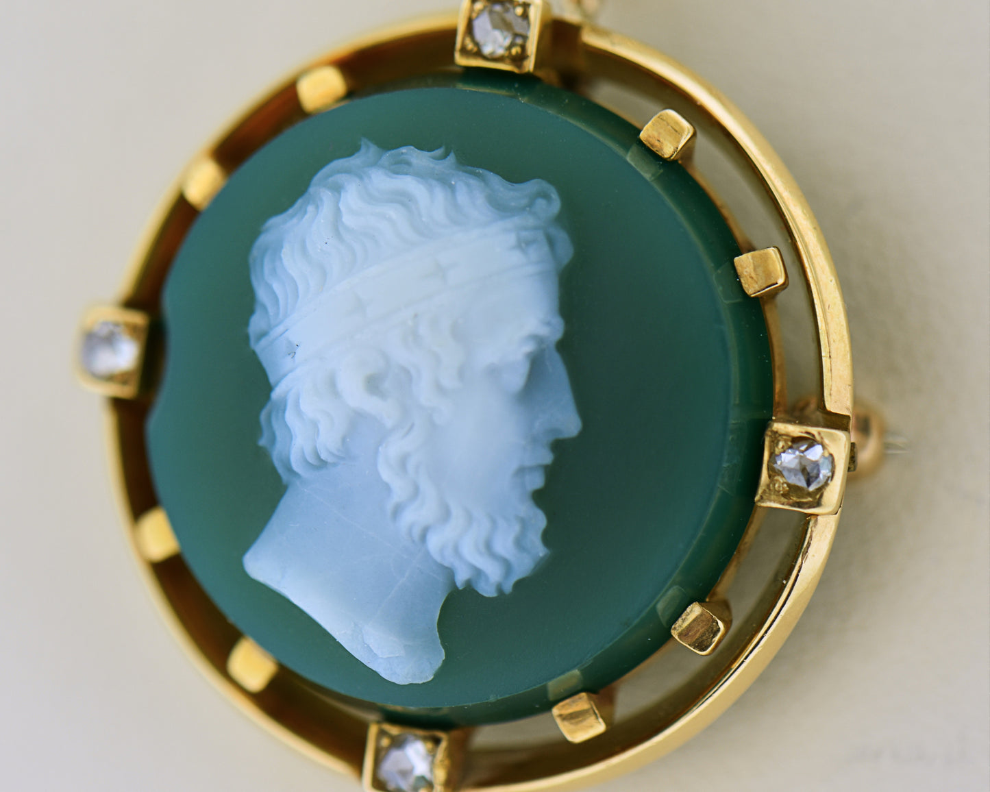 Victorian Green Hardstone Cameo with Diamond Accents