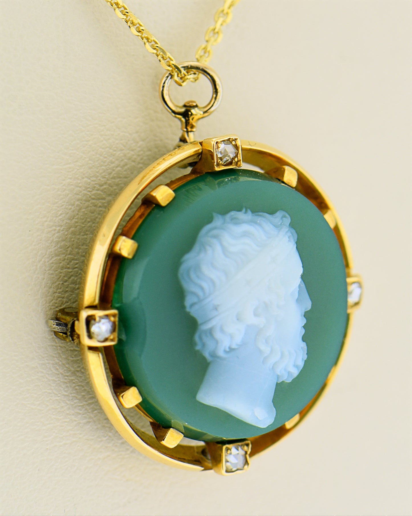 Victorian Green Hardstone Cameo with Diamond Accents