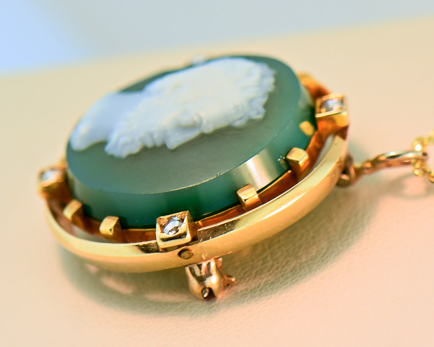 Victorian Green Hardstone Cameo with Diamond Accents