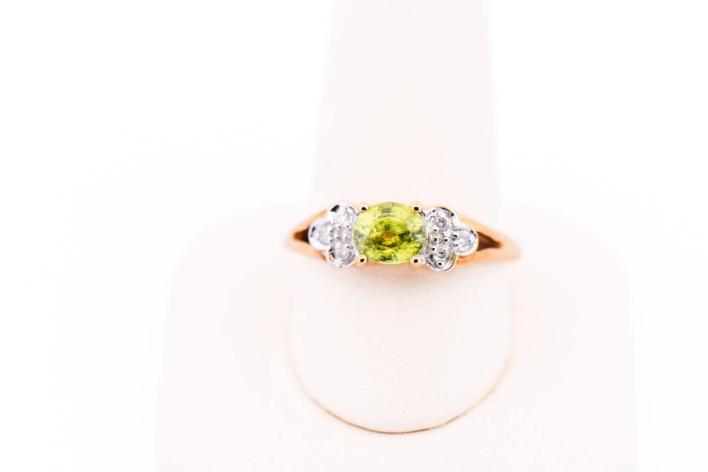 Greenish Yellow Sphene Ring with Diamond Accents - Rare Titanite