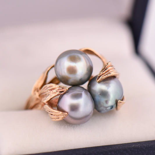 Vintage Modernist Grey Pearl Cluster Ring