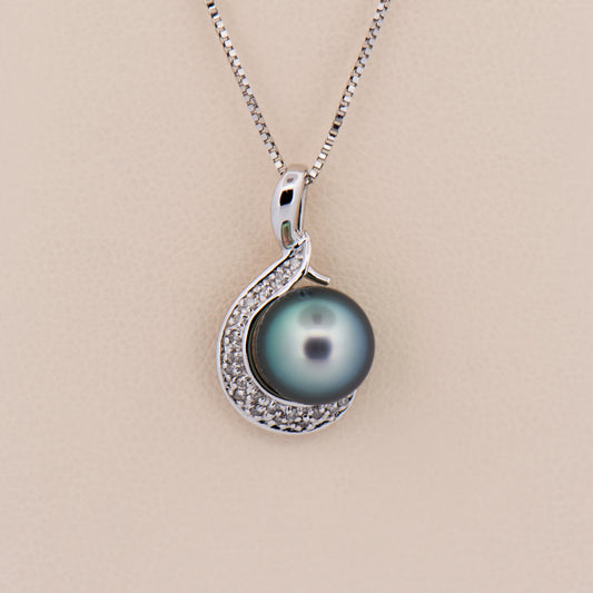 Grey Tahitian Pearl and Diamond Pendant in White Gold