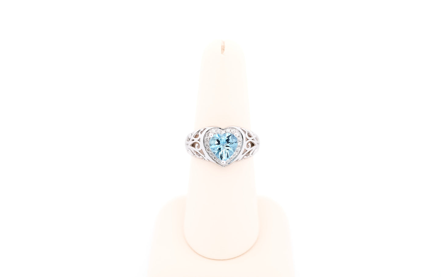 Heart Shape Aquamarine & Diamond Ring in White Gold Filigree