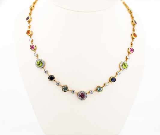 Heavy Gold Necklace Bezel Set with Rainbow Gemstones: Tourmaline, Aquamarine, Iolite, Peridot, Citrine, Amethyst