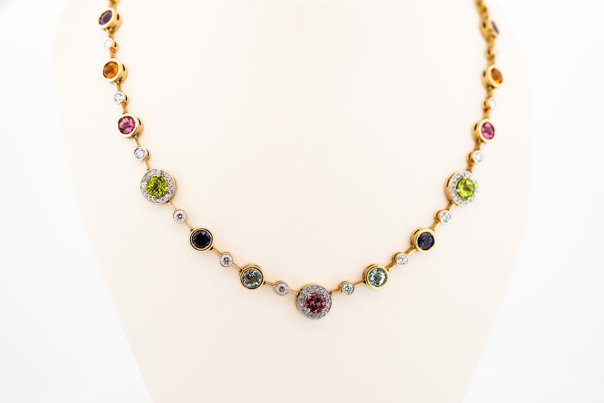 Heavy Gold Necklace Bezel Set with Rainbow Gemstones: Tourmaline, Aquamarine, Iolite, Peridot, Citrine, Amethyst