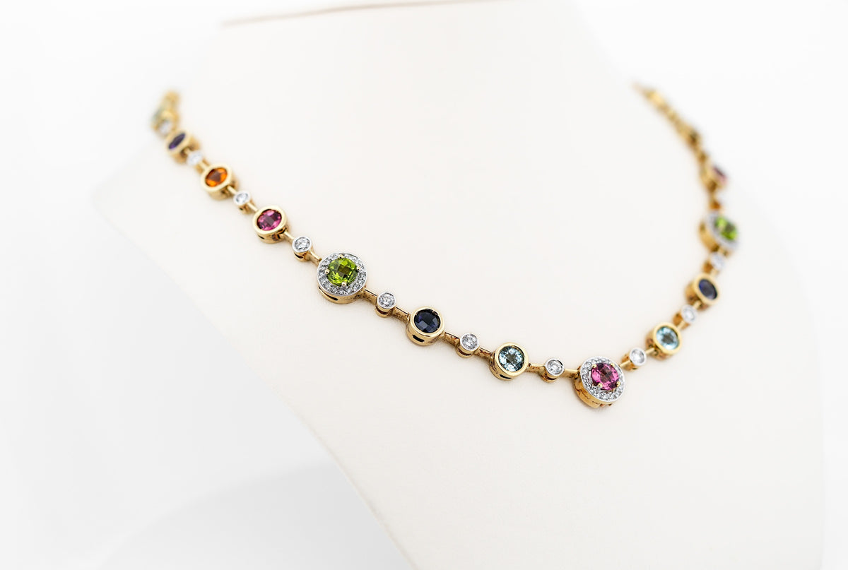 Heavy Gold Necklace Bezel Set with Rainbow Gemstones: Tourmaline, Aquamarine, Iolite, Peridot, Citrine, Amethyst