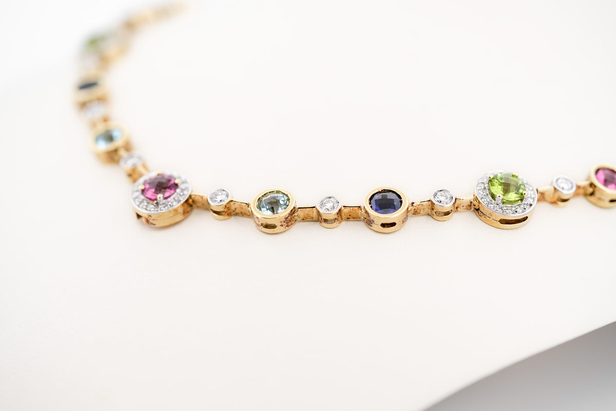 Heavy Gold Necklace Bezel Set with Rainbow Gemstones: Tourmaline, Aquamarine, Iolite, Peridot, Citrine, Amethyst