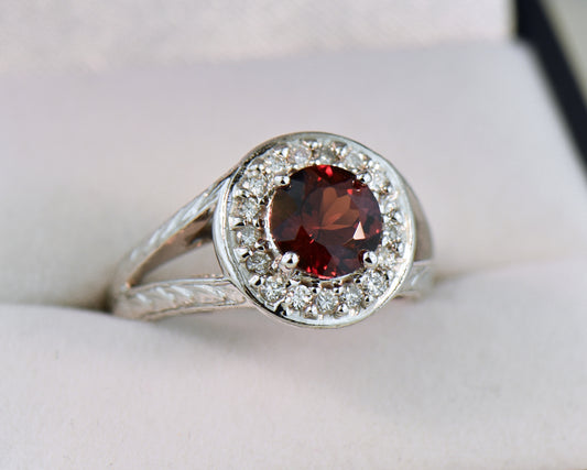 Carved White Gold Ring with Round Red Hessonite Garnet