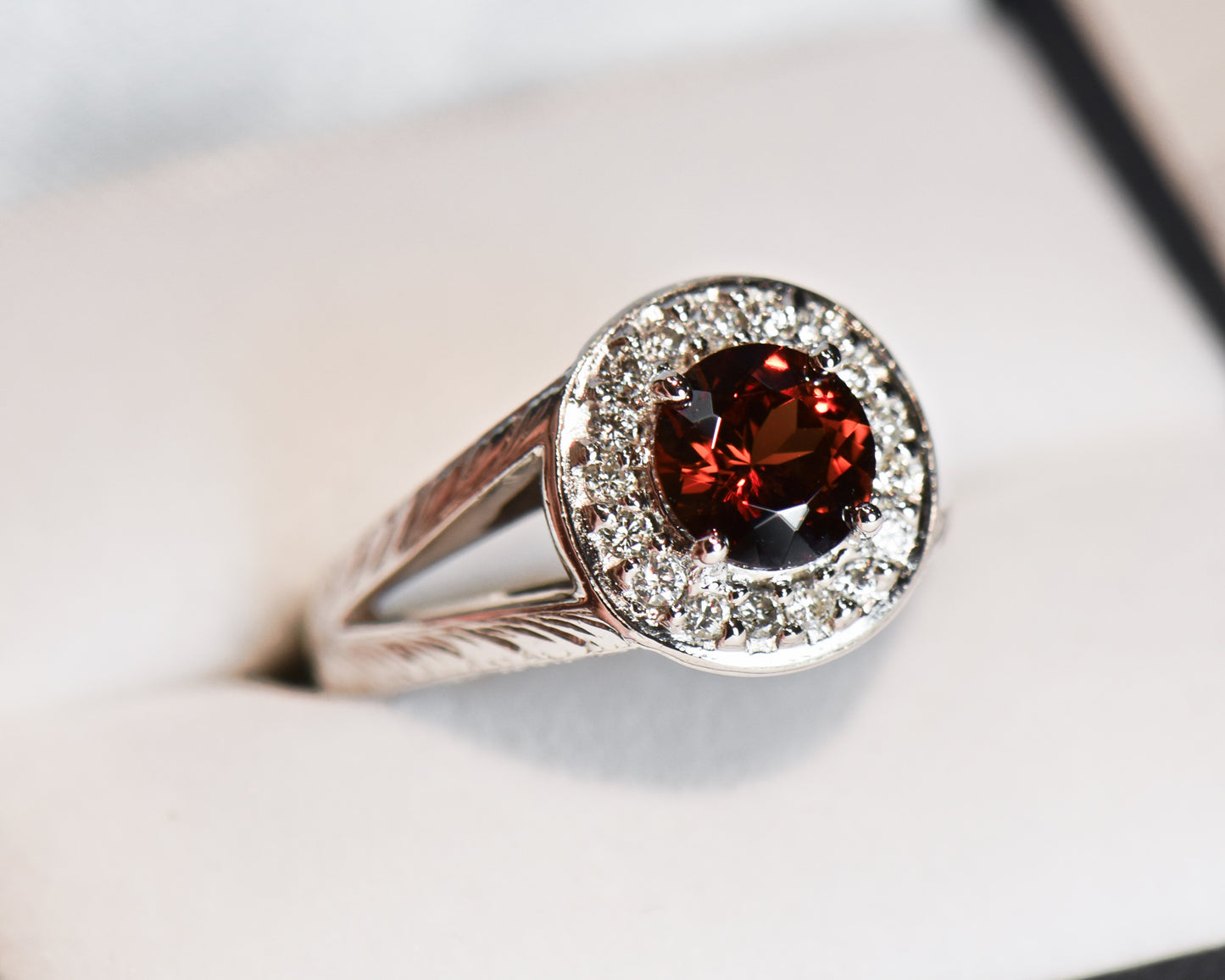 Carved White Gold Ring with Round Red Hessonite Garnet
