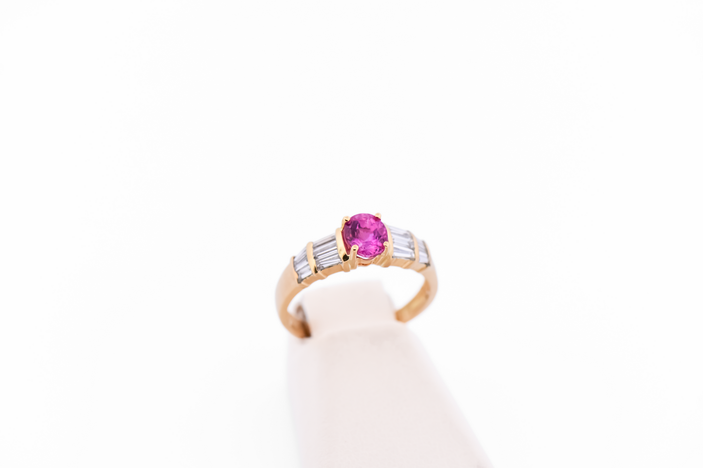 Hot Pink Sapphire Engagement Ring with Baguette Diamond Accents 18k Yellow Gold
