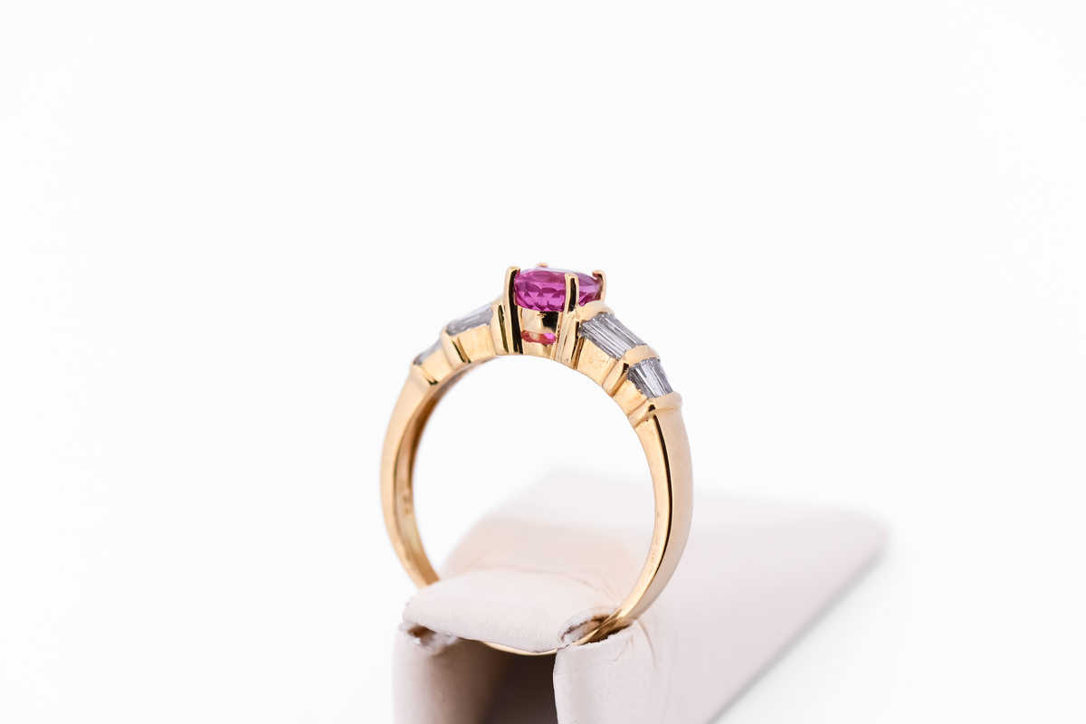 Hot Pink Sapphire Engagement Ring with Baguette Diamond Accents 18k Yellow Gold