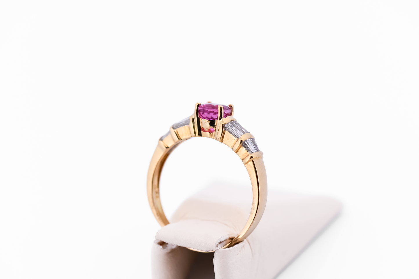 Hot Pink Sapphire Engagement Ring with Baguette Diamond Accents 18k Yellow Gold