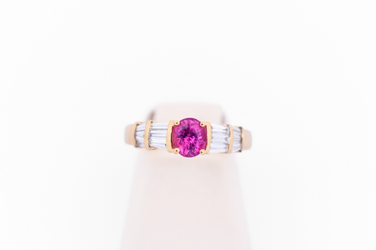 Hot Pink Sapphire Engagement Ring with Baguette Diamond Accents 18k Yellow Gold