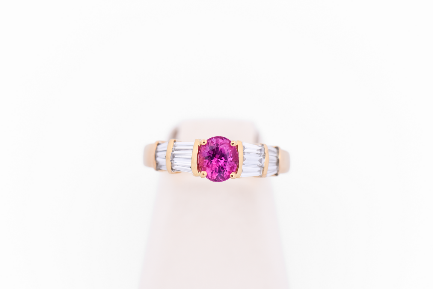 Hot Pink Sapphire Engagement Ring with Baguette Diamond Accents 18k Yellow Gold