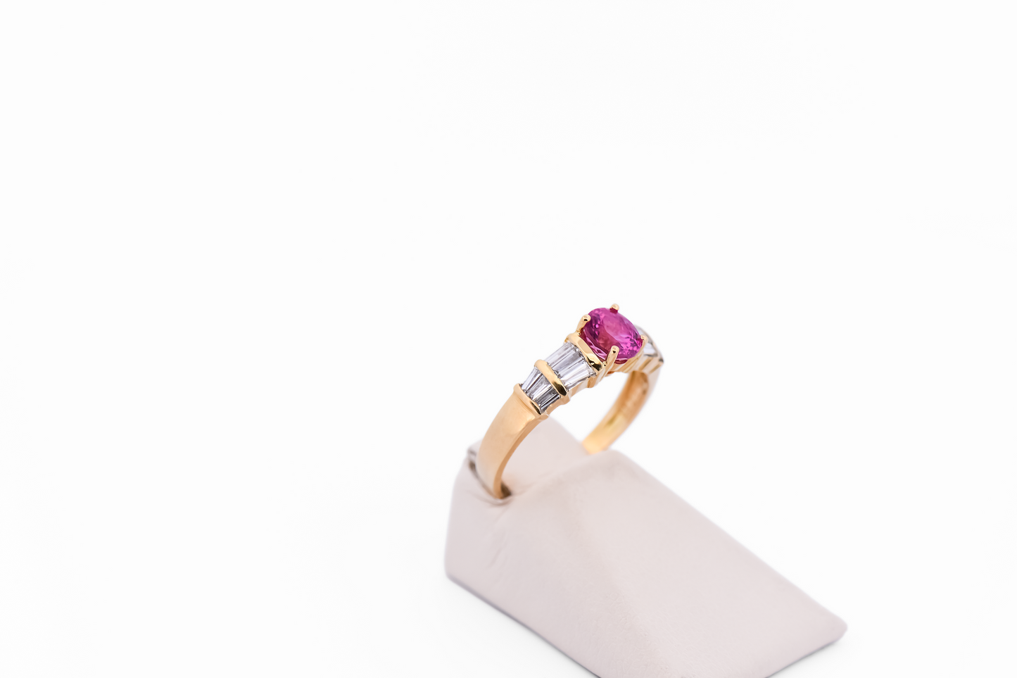 Hot Pink Sapphire Engagement Ring with Baguette Diamond Accents 18k Yellow Gold