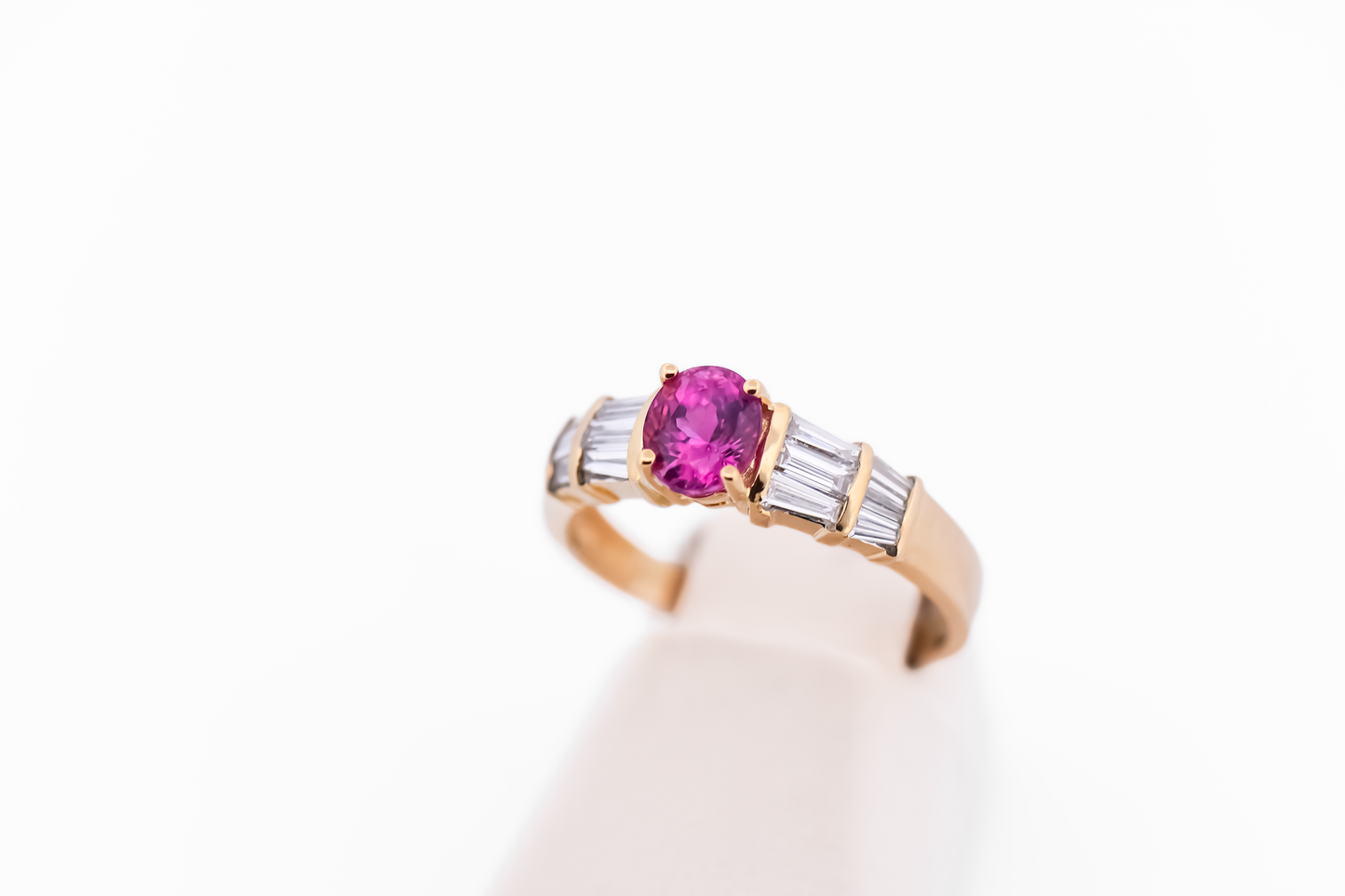 Hot Pink Sapphire Engagement Ring with Baguette Diamond Accents 18k Yellow Gold