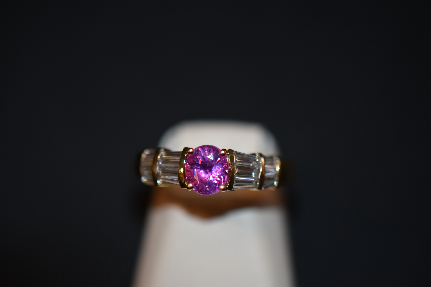 Hot Pink Sapphire Engagement Ring with Baguette Diamond Accents 18k Yellow Gold