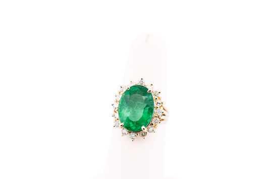 Huge 8ct Natural Emerald Cocktail Ring with Diamond Halo in Yellow Gold
