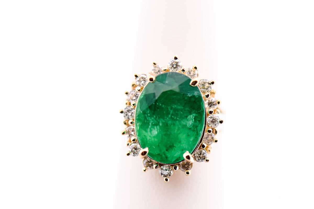 Huge 8ct Natural Emerald Cocktail Ring with Diamond Halo in Yellow Gold
