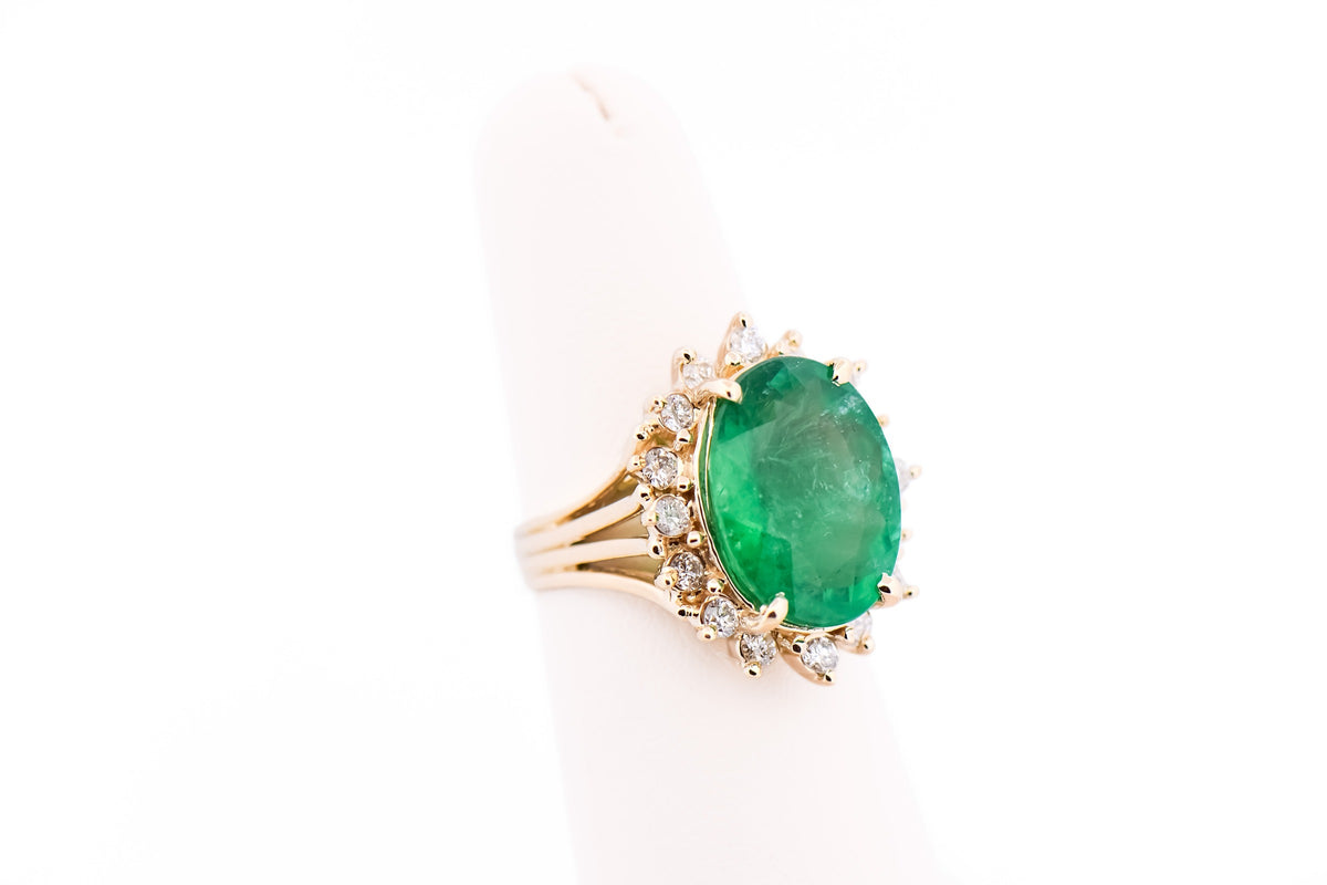 Huge 8ct Natural Emerald Cocktail Ring with Diamond Halo in Yellow Gold